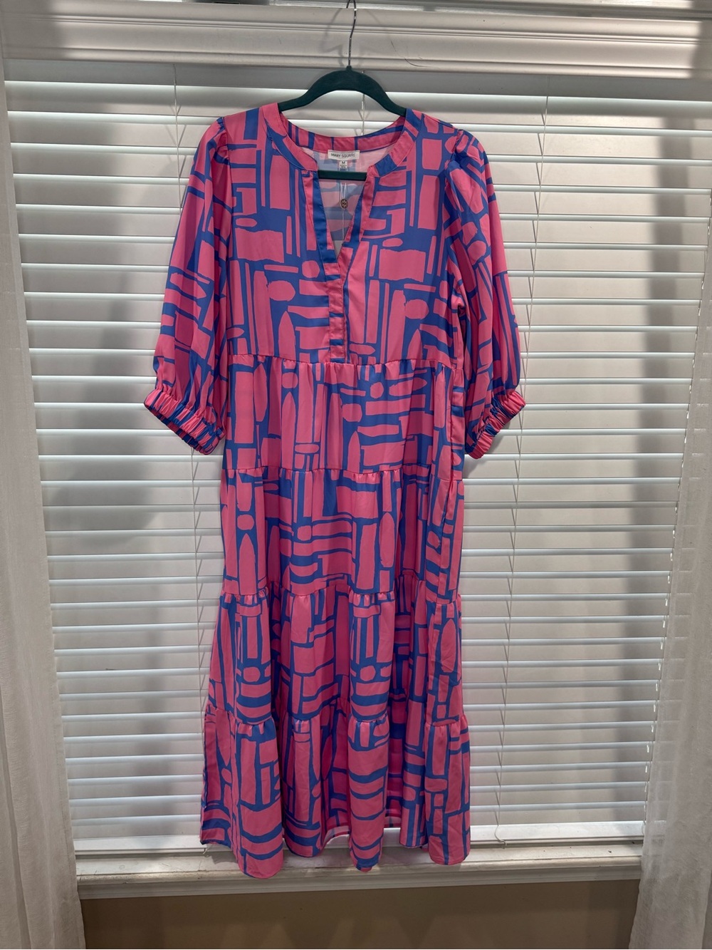 Mary Square Vibrant Pink & Blue Geometric Tiered Midi Dress